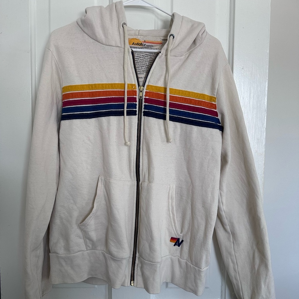 Aviator Nation zip up vintage white with rainbow stripe L